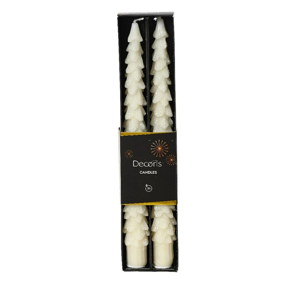 Decoris White Glitter Christmas Tree Dinner Candle (Set of 2)
