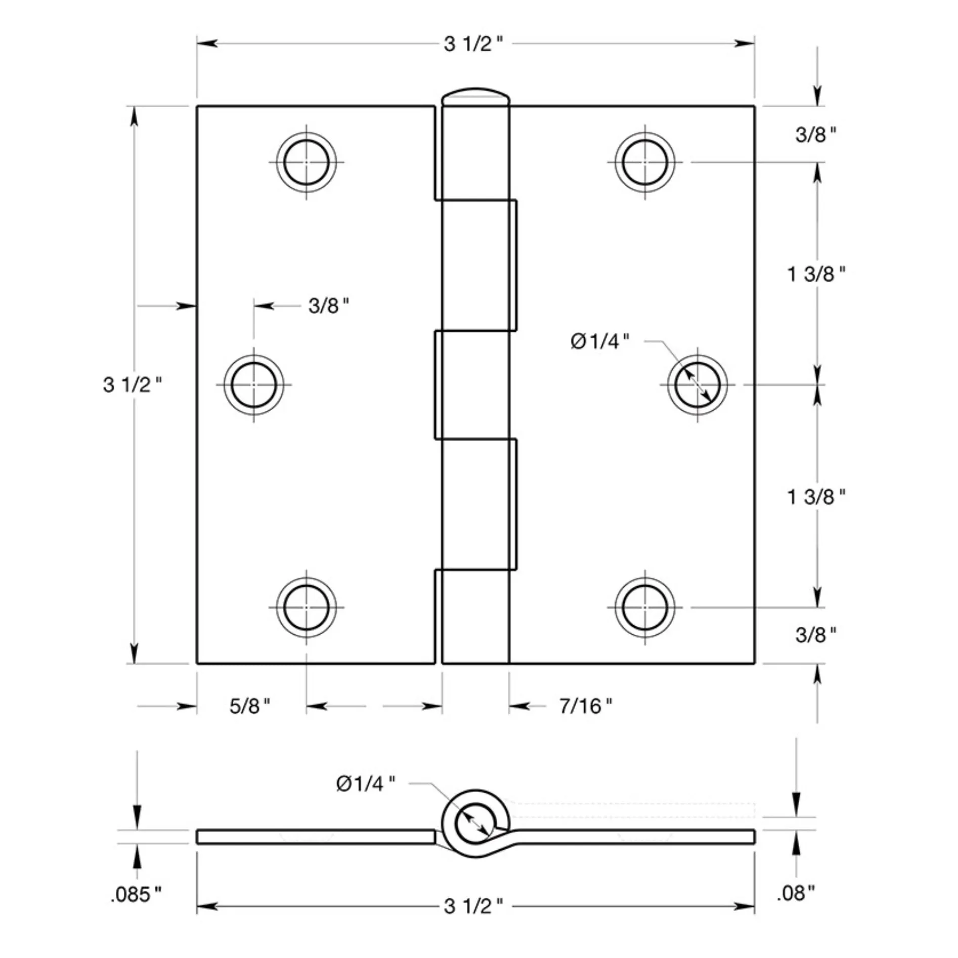 Door Hinge, Matte Black 3-1/2" with Square Corners