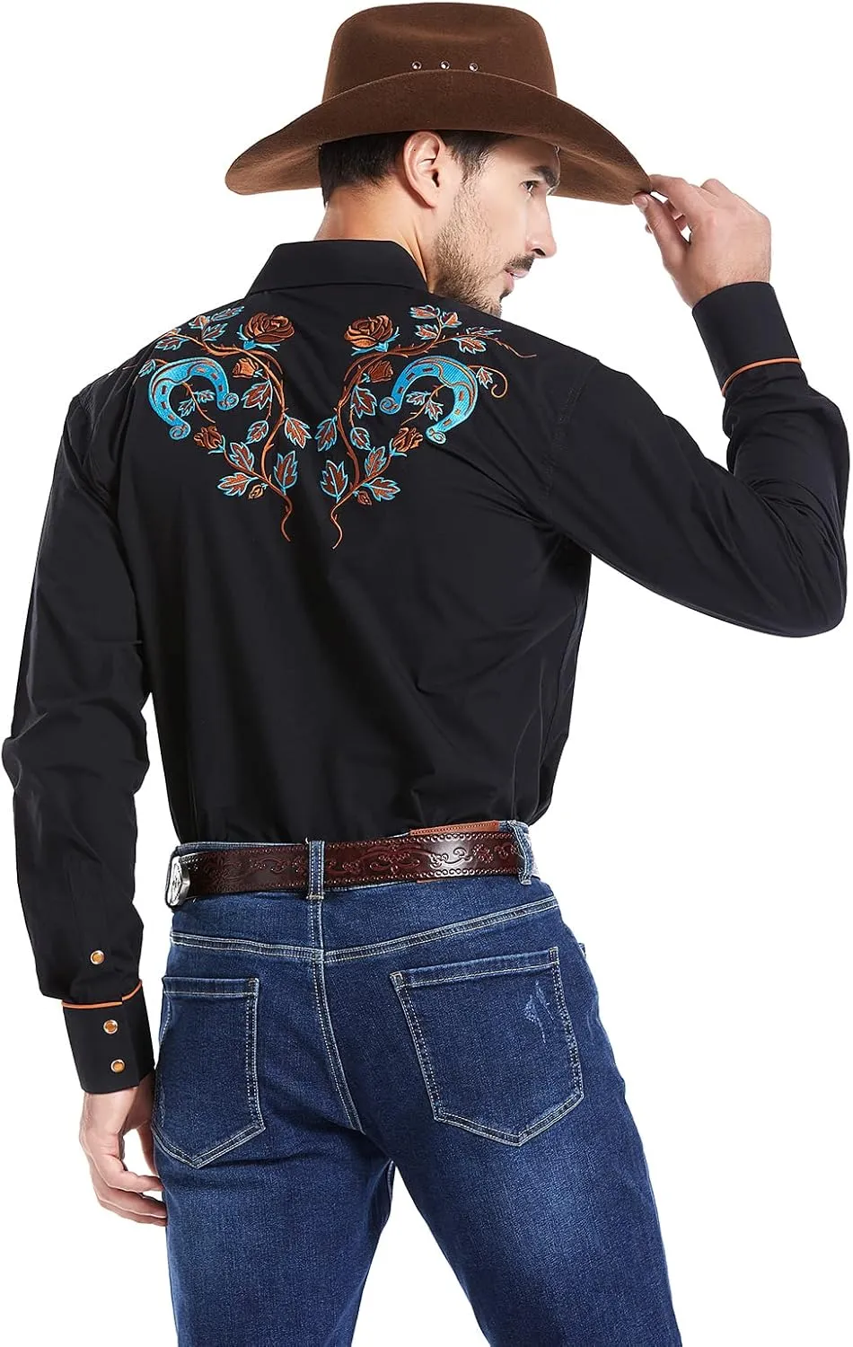 EL PIONERO Men's Floral and Horseshoe Embroidered Long Sleeve Retro Western Cowboy Shirt