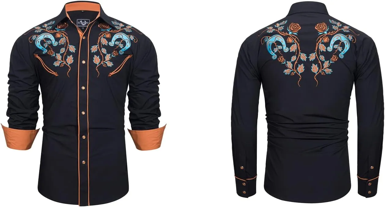 EL PIONERO Men's Floral and Horseshoe Embroidered Long Sleeve Retro Western Cowboy Shirt