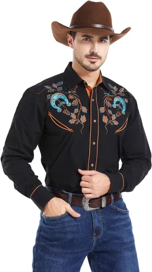 EL PIONERO Men's Floral and Horseshoe Embroidered Long Sleeve Retro Western Cowboy Shirt
