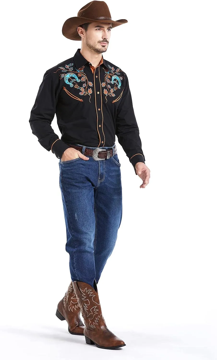 EL PIONERO Men's Floral and Horseshoe Embroidered Long Sleeve Retro Western Cowboy Shirt