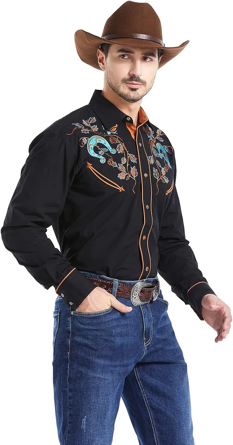 EL PIONERO Men's Floral and Horseshoe Embroidered Long Sleeve Retro Western Cowboy Shirt