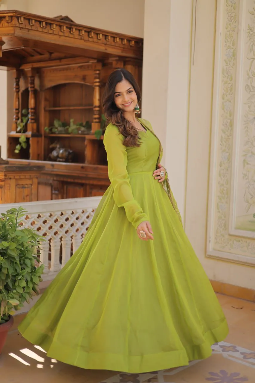 Enchanting Parrot Green Russian Silk Gown-Dupatta Set with Exquisite Sequined Embroidery and Lace Border