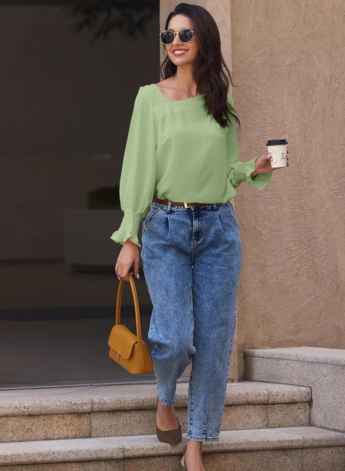 EVALESS Blouses for Women Dressy Casual Pleated Long Sleeve Tops Asymmetrical V Neck Business Work Shirts