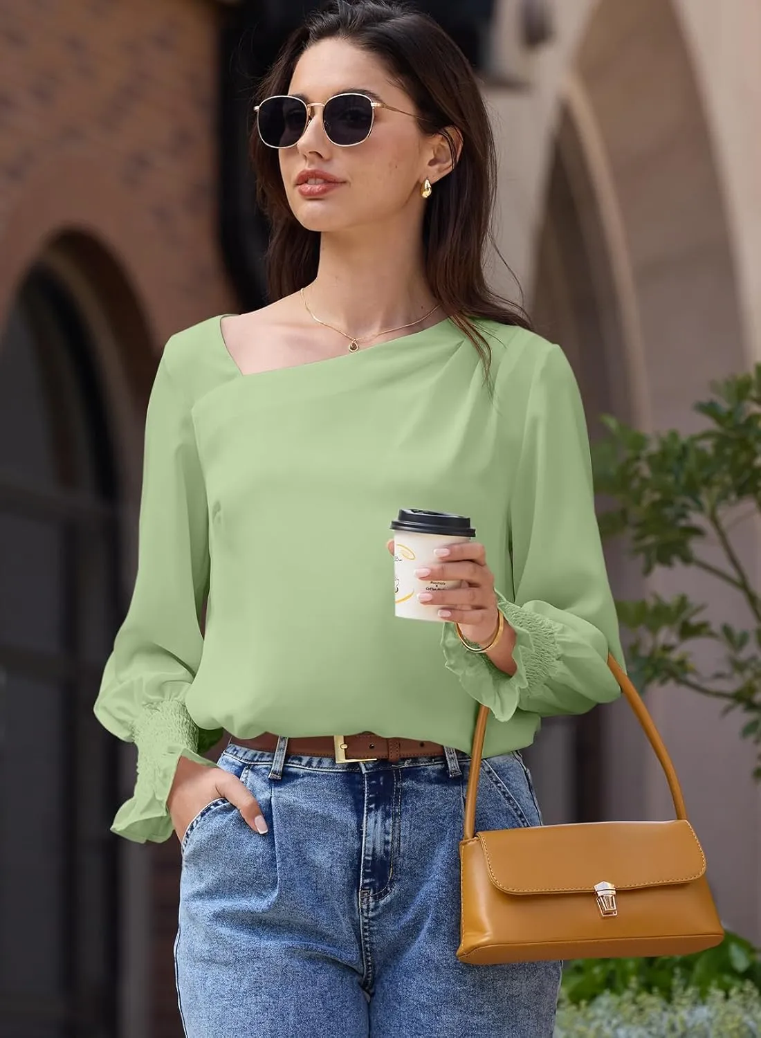 EVALESS Blouses for Women Dressy Casual Pleated Long Sleeve Tops Asymmetrical V Neck Business Work Shirts