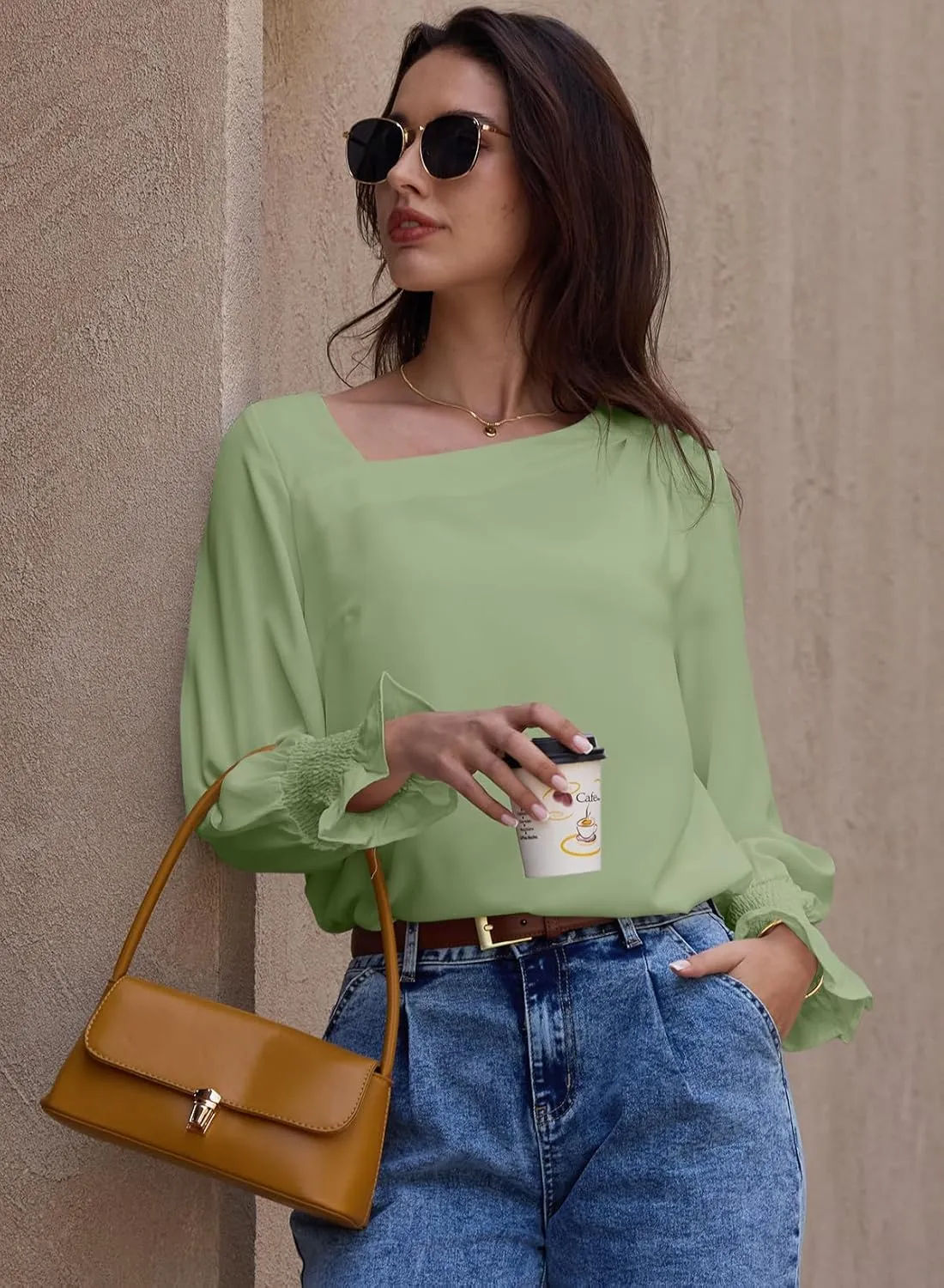 EVALESS Blouses for Women Dressy Casual Pleated Long Sleeve Tops Asymmetrical V Neck Business Work Shirts