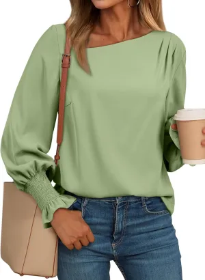 EVALESS Blouses for Women Dressy Casual Pleated Long Sleeve Tops Asymmetrical V Neck Business Work Shirts