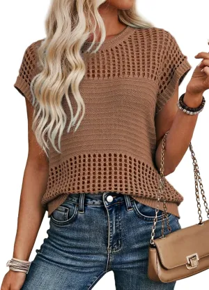 EVALESS Womens Tops Casual Summer Cap Short Sleeve Crochet Hollow Out Knit Sweater Vest Pullover T-Shirts Beach Coverup