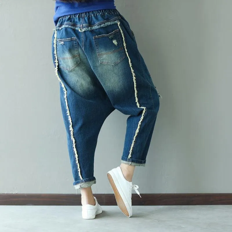 Floral Embroidered Distressed Harem Jeans
