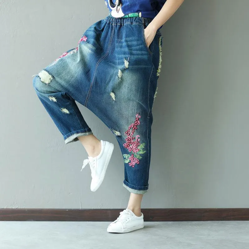 Floral Embroidered Distressed Harem Jeans