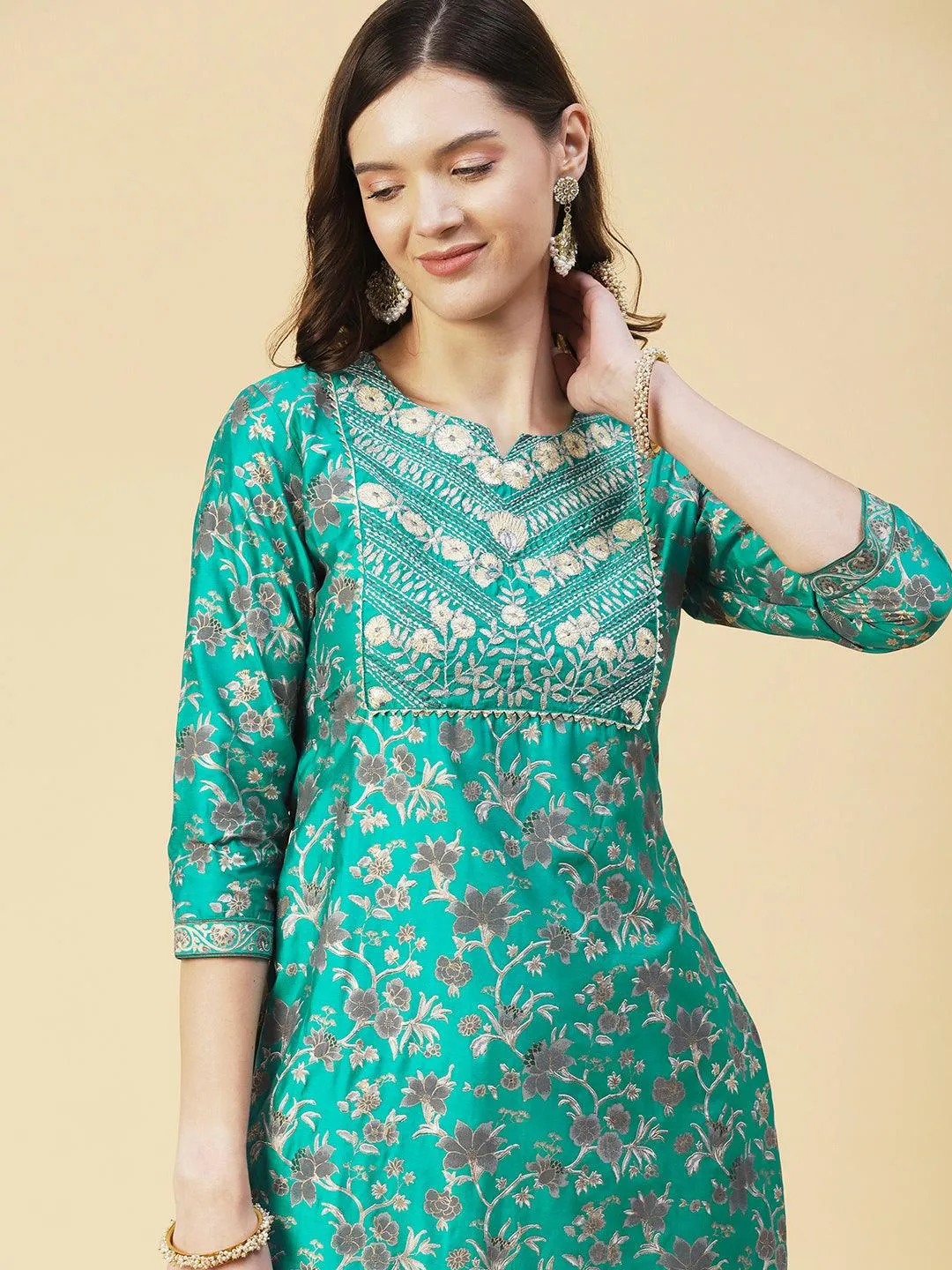 Floral Printed Zari Embroidered Kurta With Pants & Dupatta - Teal