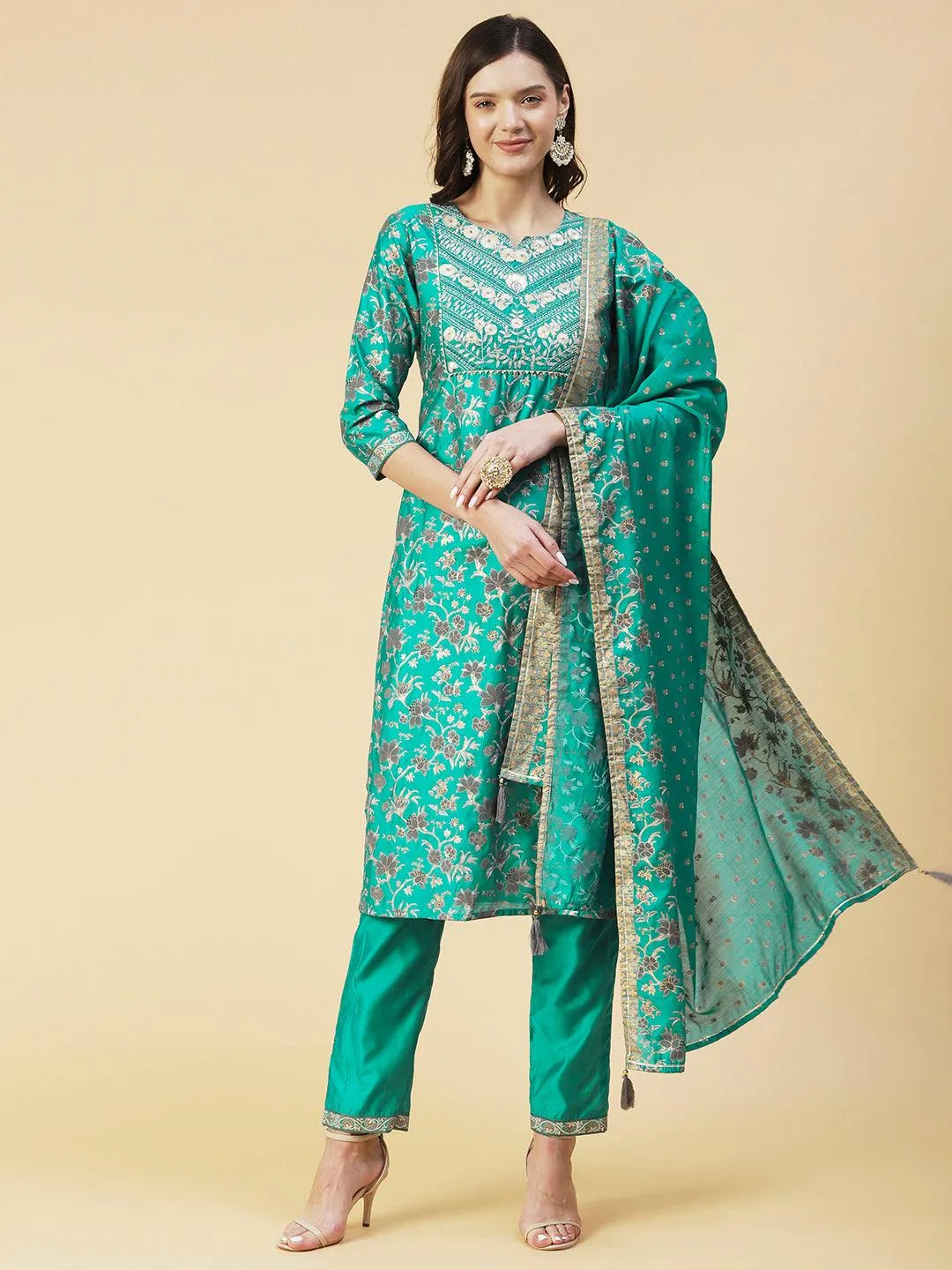 Floral Printed Zari Embroidered Kurta With Pants & Dupatta - Teal