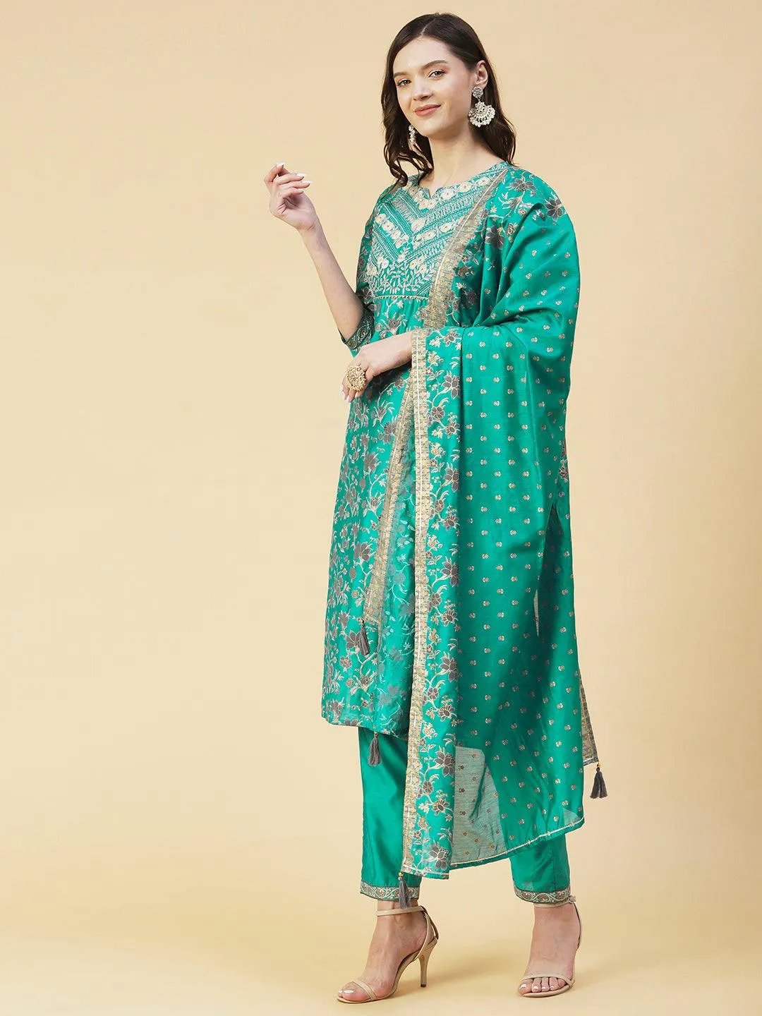 Floral Printed Zari Embroidered Kurta With Pants & Dupatta - Teal