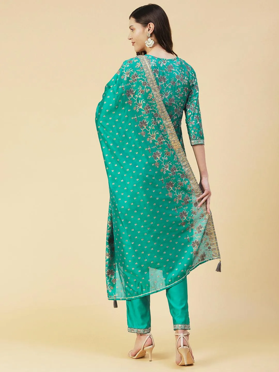 Floral Printed Zari Embroidered Kurta With Pants & Dupatta - Teal