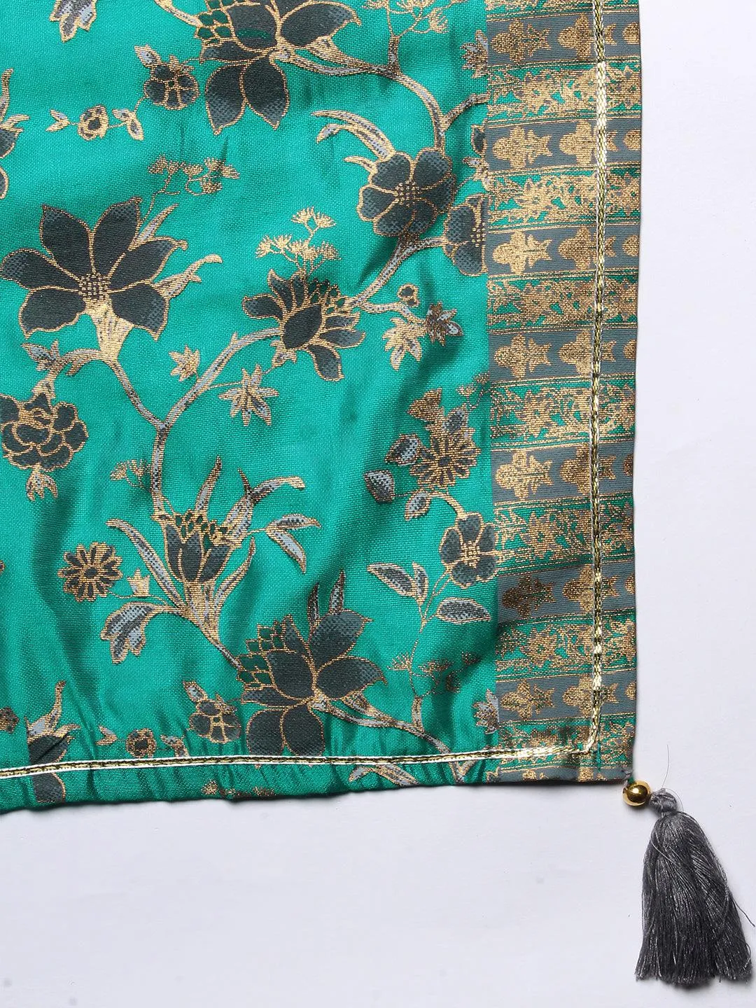 Floral Printed Zari Embroidered Kurta With Pants & Dupatta - Teal