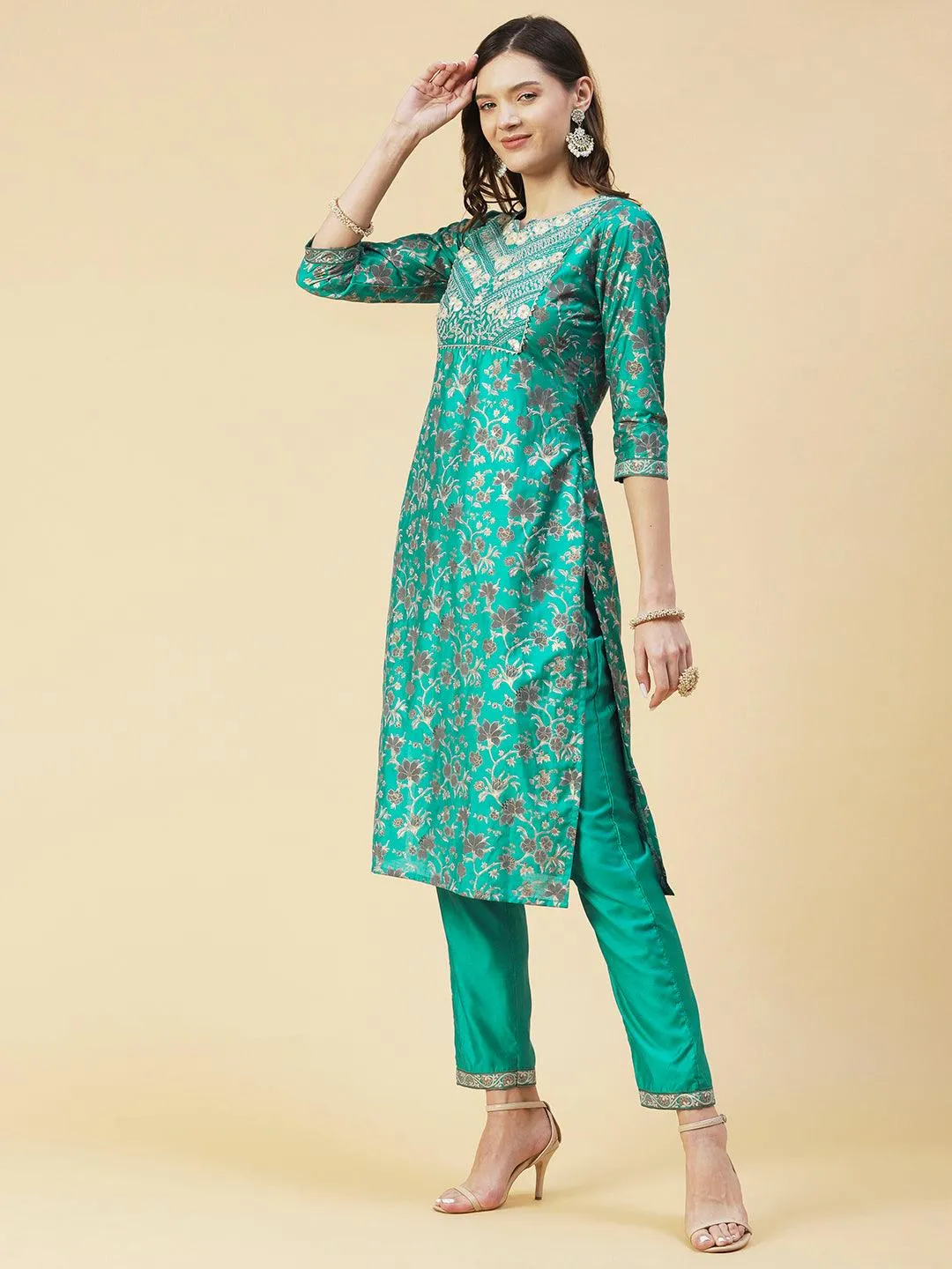 Floral Printed Zari Embroidered Kurta With Pants & Dupatta - Teal