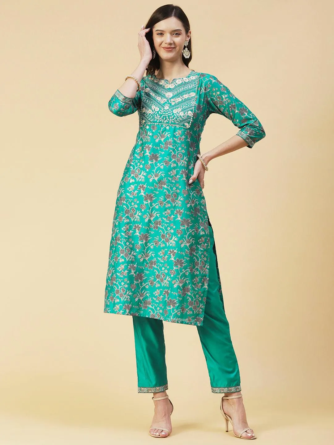 Floral Printed Zari Embroidered Kurta With Pants & Dupatta - Teal