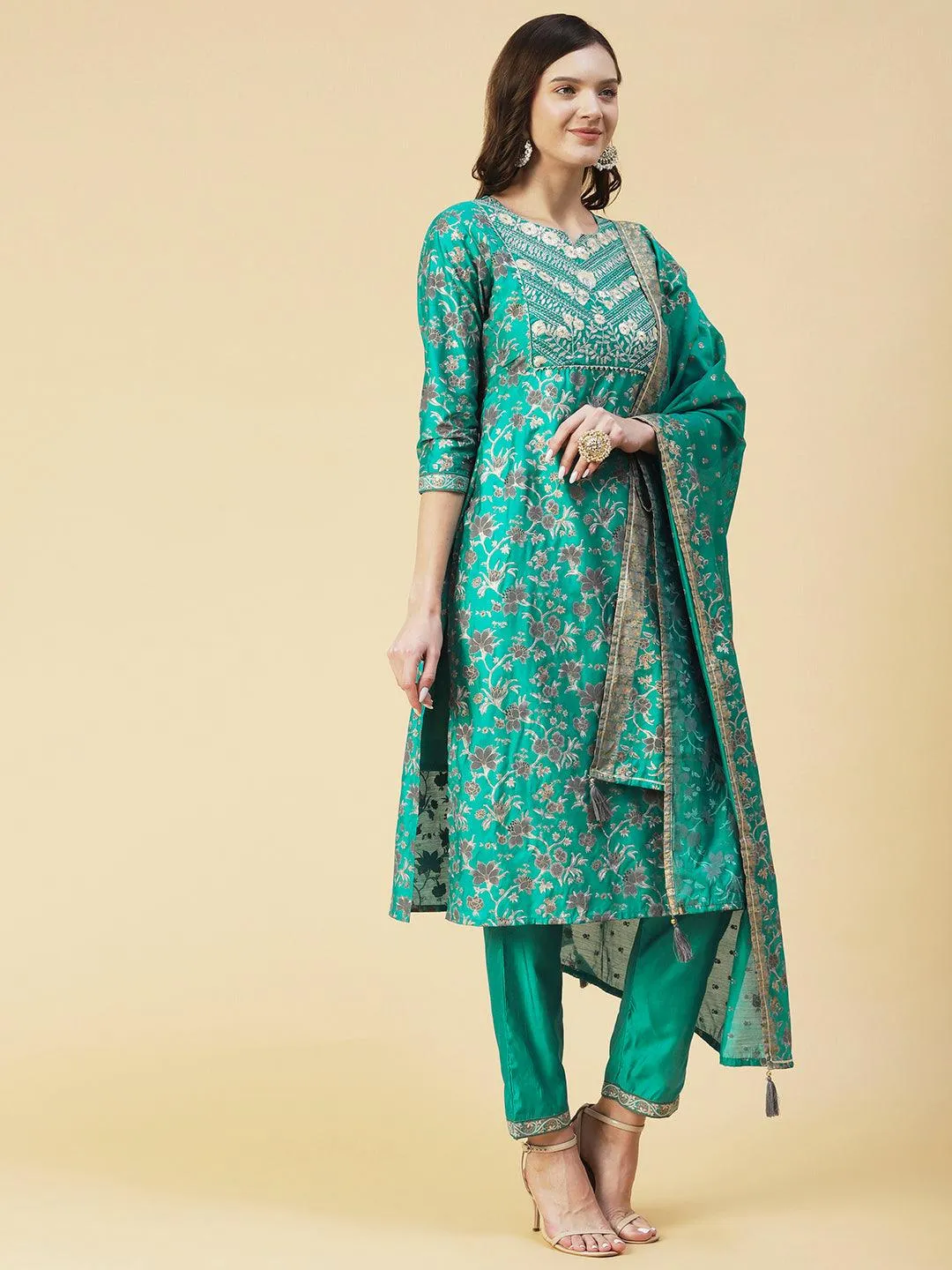 Floral Printed Zari Embroidered Kurta With Pants & Dupatta - Teal