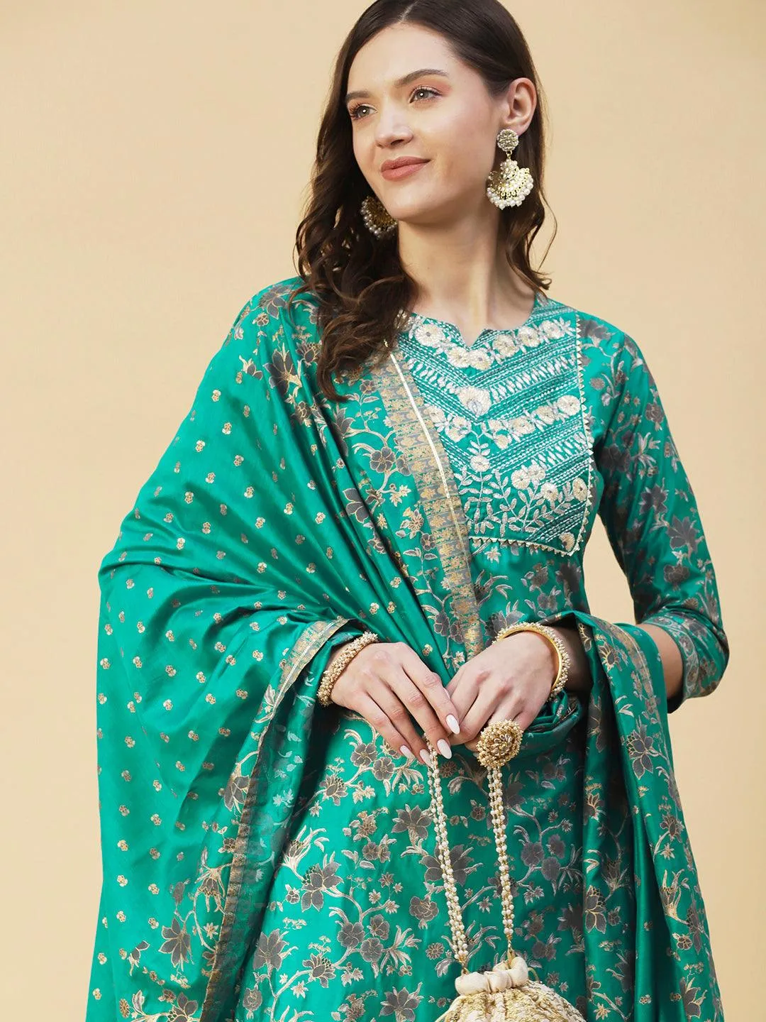 Floral Printed Zari Embroidered Kurta With Pants & Dupatta - Teal