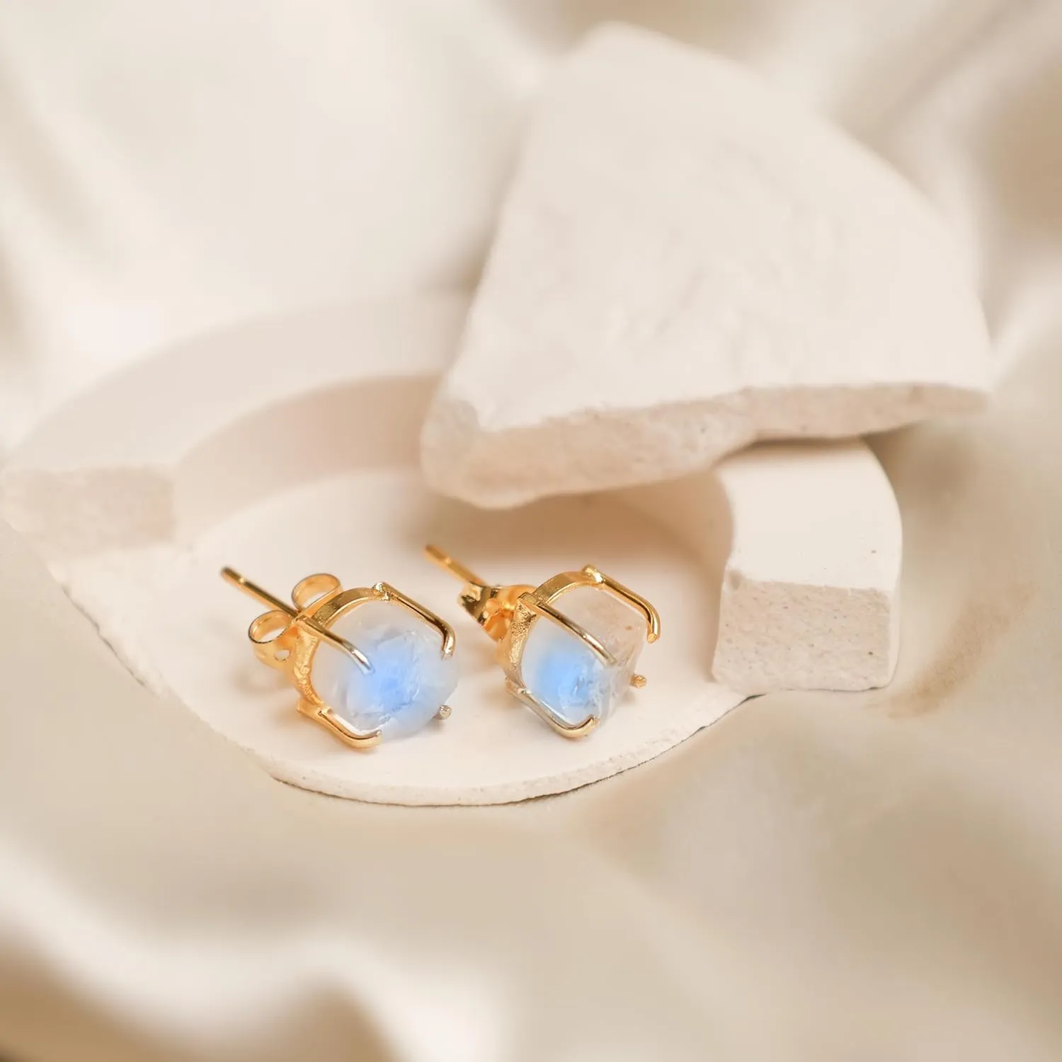 Gempires Raw Rainbow Moonstone Stud Earrings 810mm  Handmade June Birthstone Crystal Jewelry  Natural Irregular Stones  Prong Setting  Gift for Her