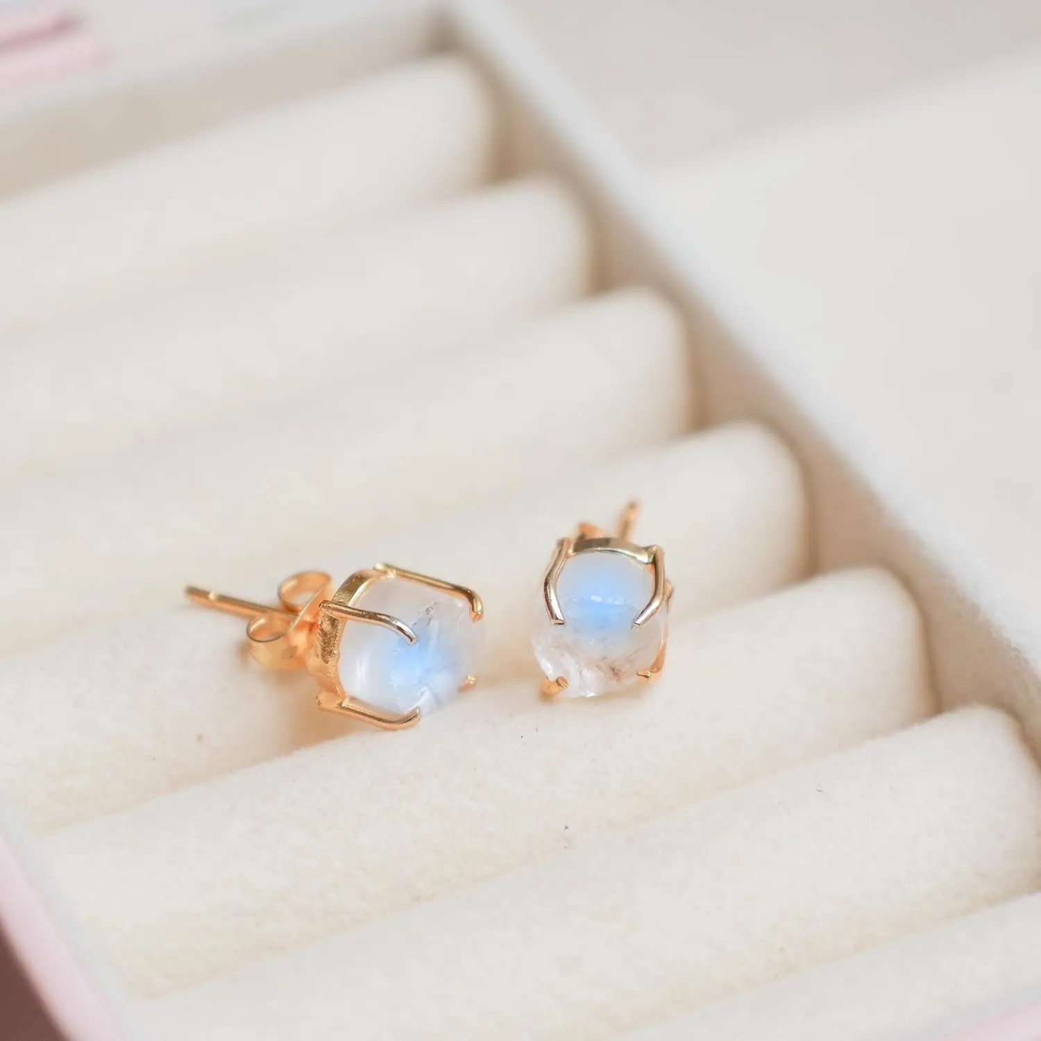 Gempires Raw Rainbow Moonstone Stud Earrings 810mm  Handmade June Birthstone Crystal Jewelry  Natural Irregular Stones  Prong Setting  Gift for Her