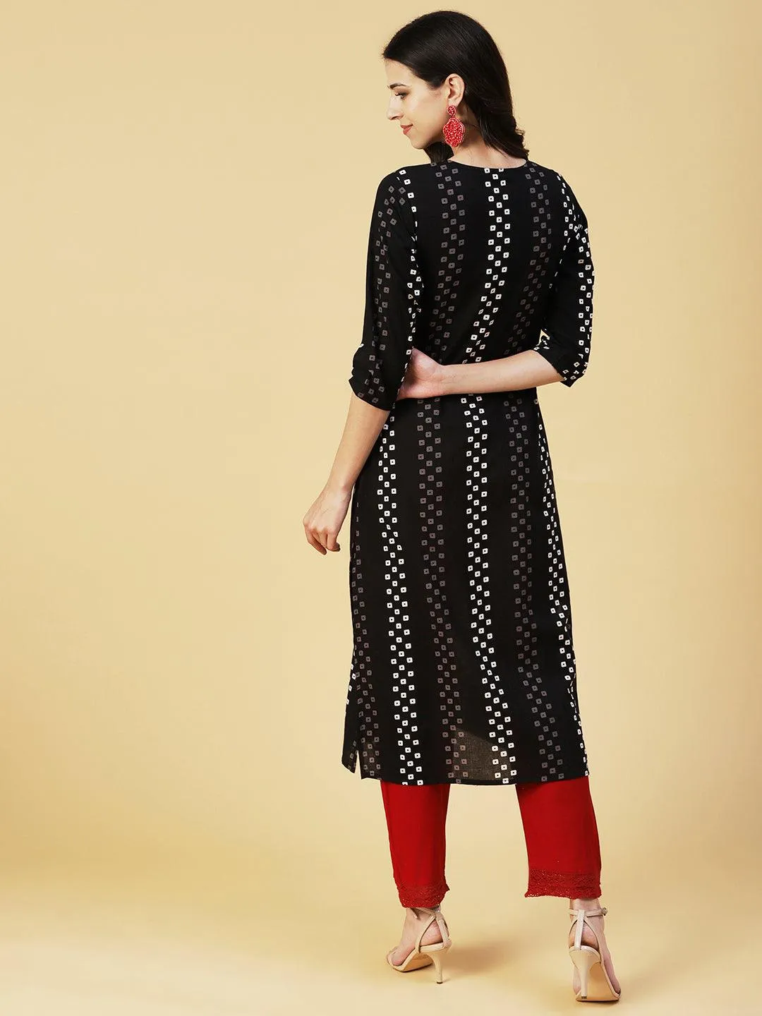 Geometric Printed Mirror Embroidered Kurta - Black