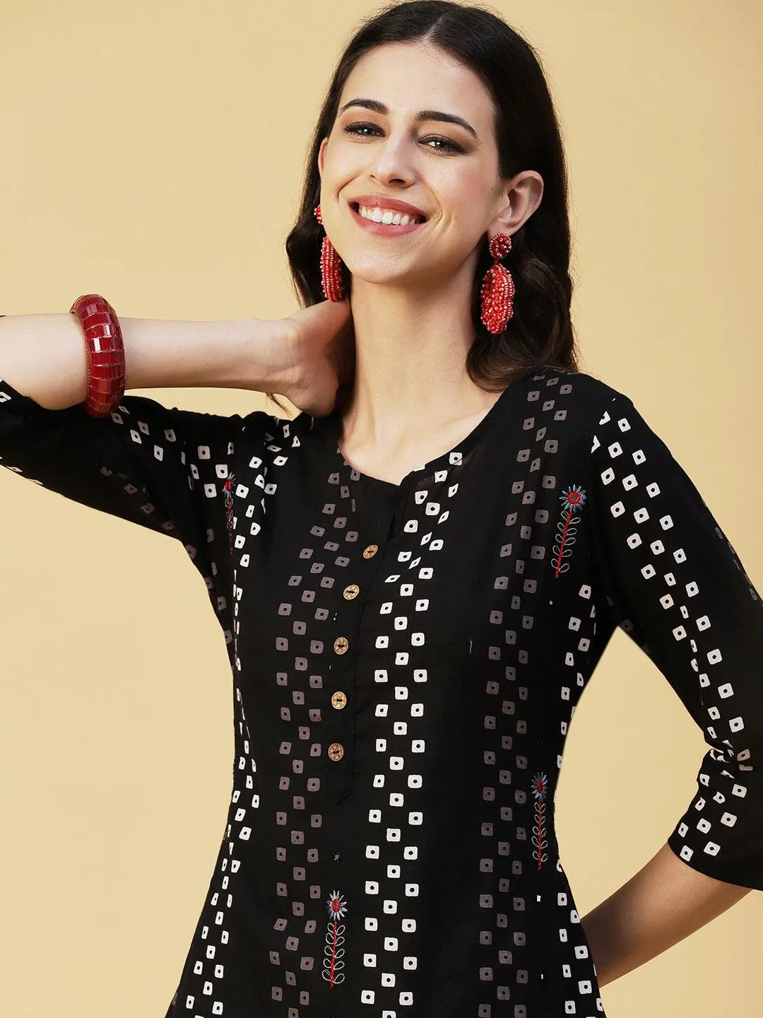 Geometric Printed Mirror Embroidered Kurta - Black