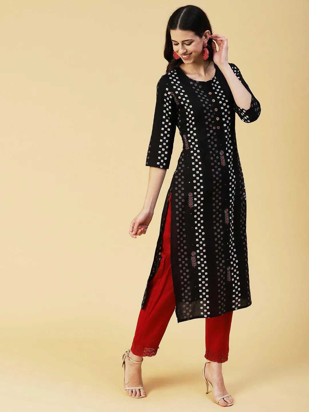Geometric Printed Mirror Embroidered Kurta - Black