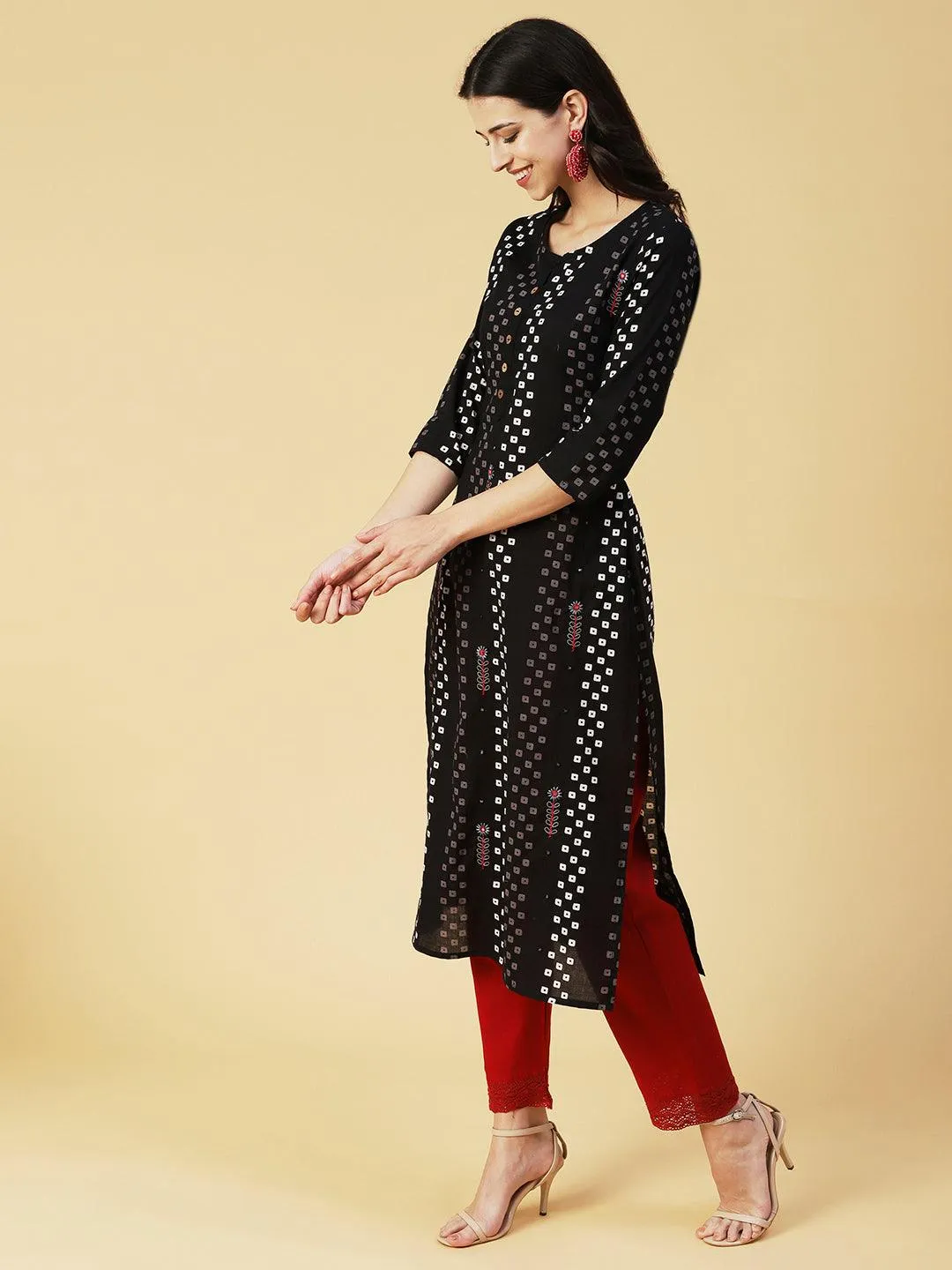 Geometric Printed Mirror Embroidered Kurta - Black