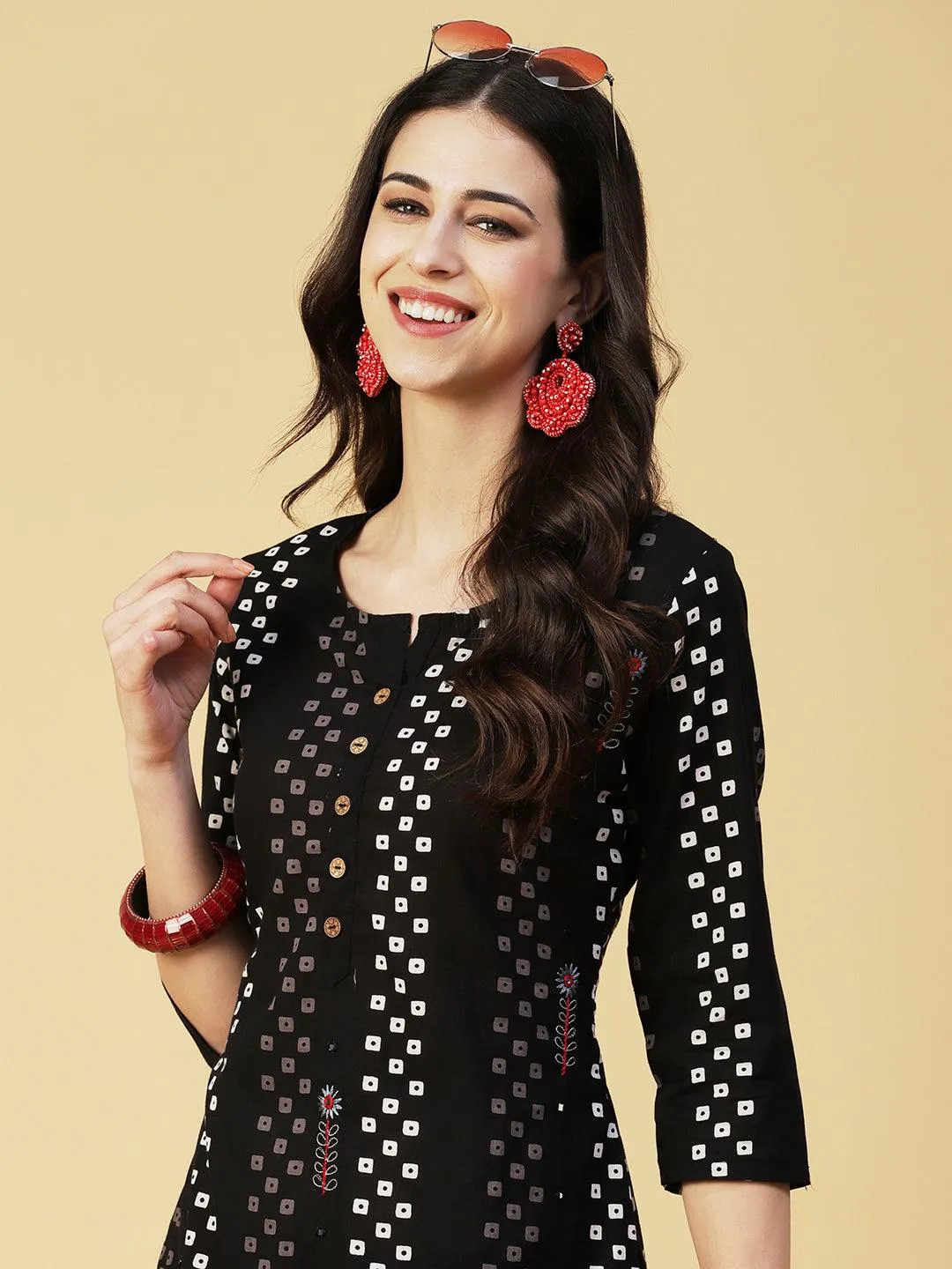 Geometric Printed Mirror Embroidered Kurta - Black