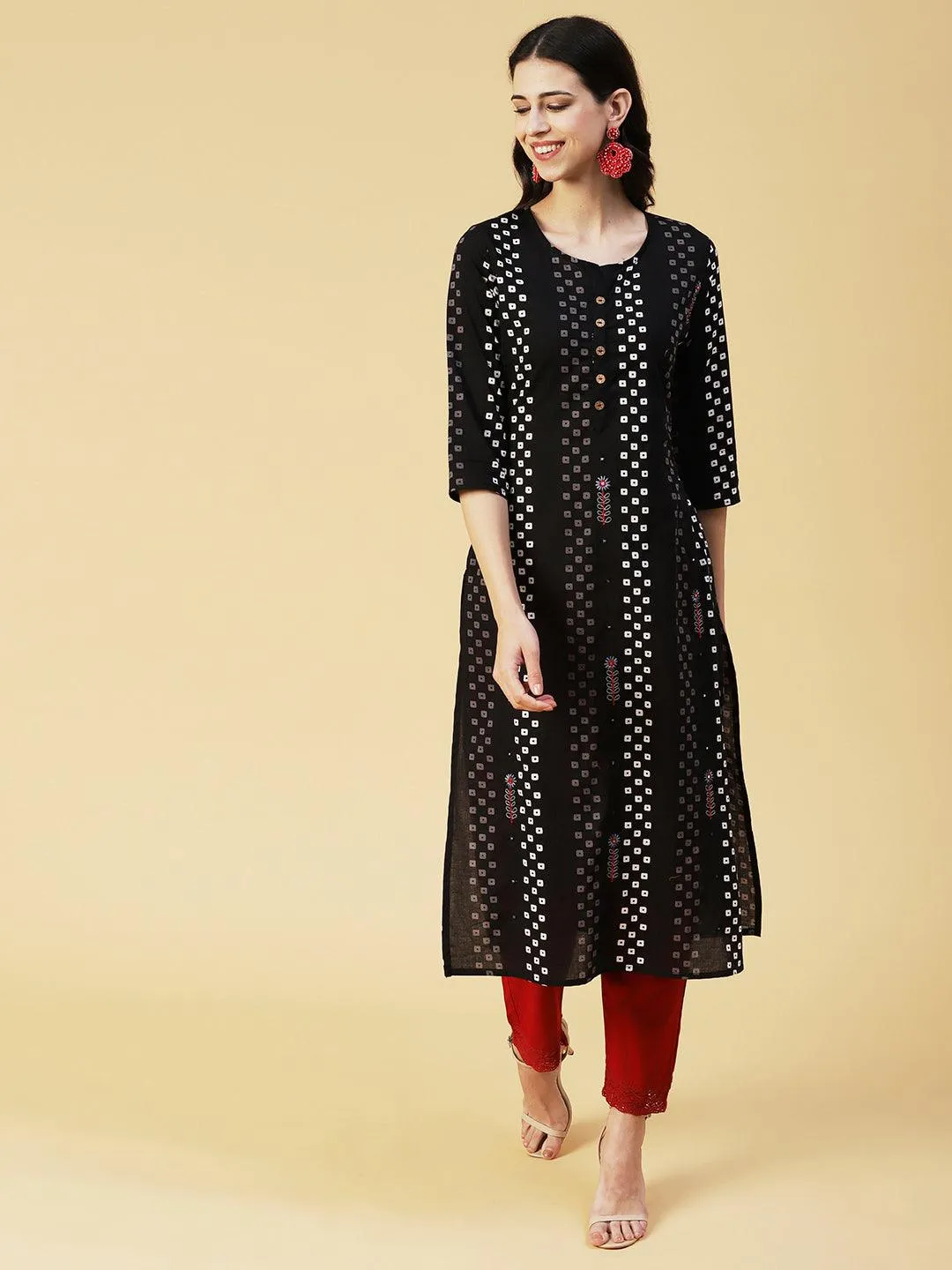 Geometric Printed Mirror Embroidered Kurta - Black