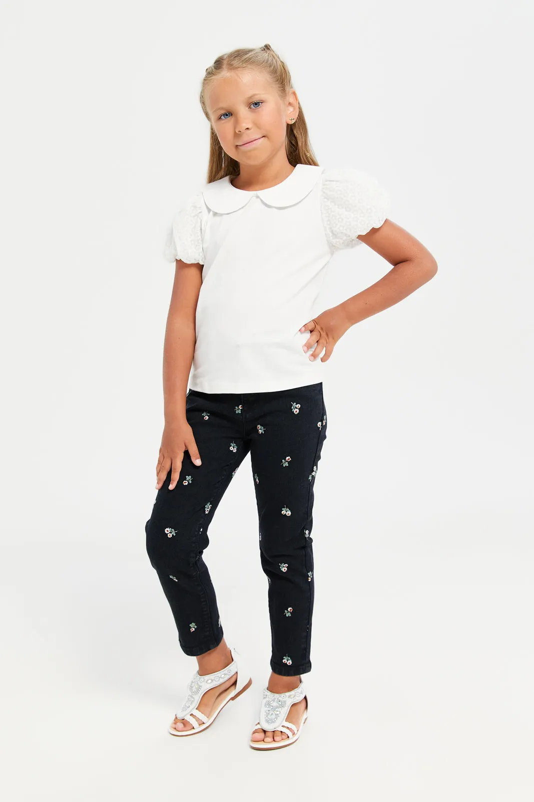 Girls Black Floral Embroidered Skinny Fit Jeans
