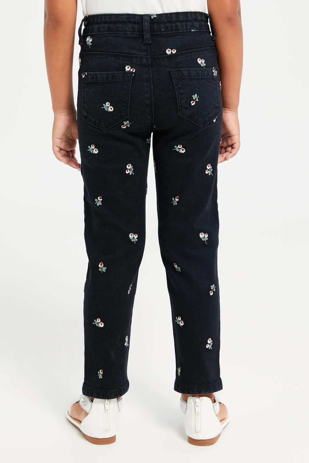 Girls Black Floral Embroidered Skinny Fit Jeans
