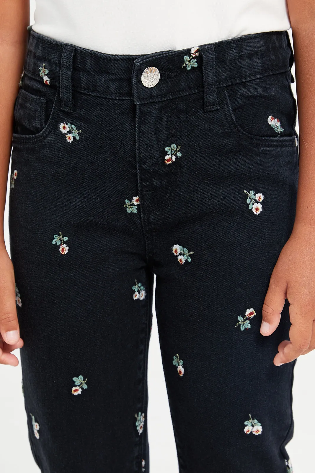 Girls Black Floral Embroidered Skinny Fit Jeans