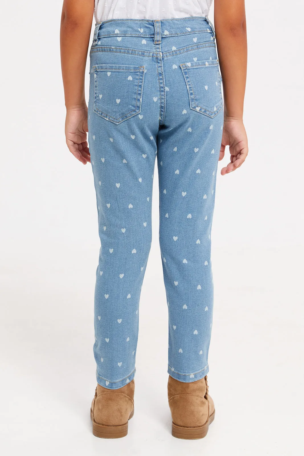 Girls Blue Heart Printed Jeans
