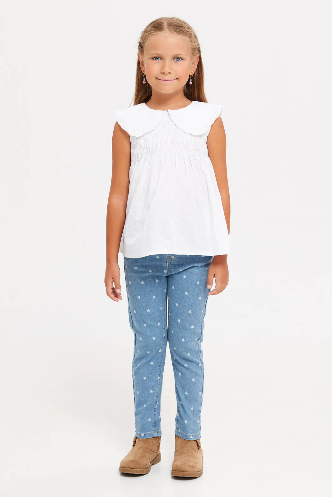 Girls Blue Heart Printed Jeans