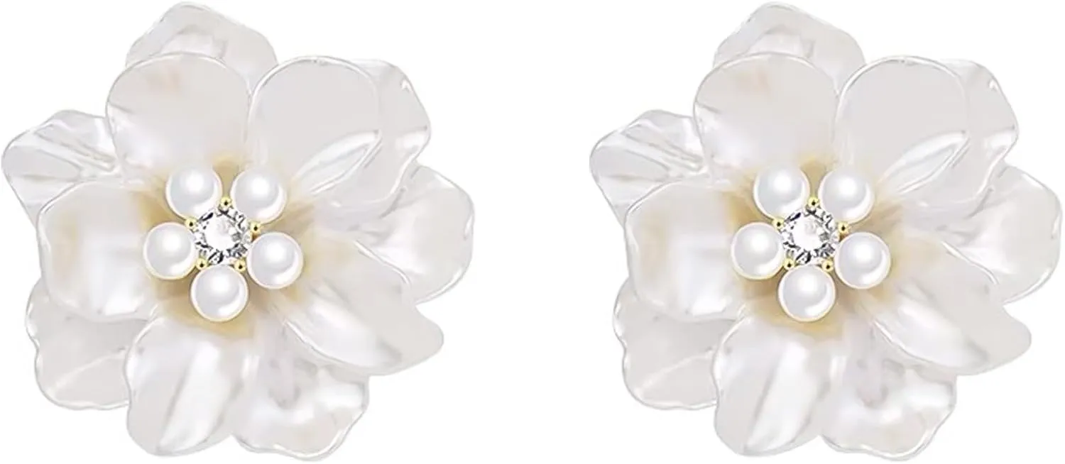 HETICA Classy Pearl Flower Stud Earrings for Women, Simplicity Flower White Pearl Camellia Stud Earrings Cubic Zirconia Earrings Jewelry Gifts
