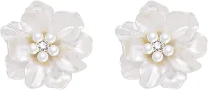 HETICA Classy Pearl Flower Stud Earrings for Women, Simplicity Flower White Pearl Camellia Stud Earrings Cubic Zirconia Earrings Jewelry Gifts