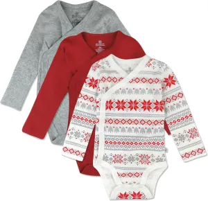 HonestBaby 3-Pack Organic Cotton Long Sleeve Kimono Bodysuits, Jumbo Fair Isle, Newborn