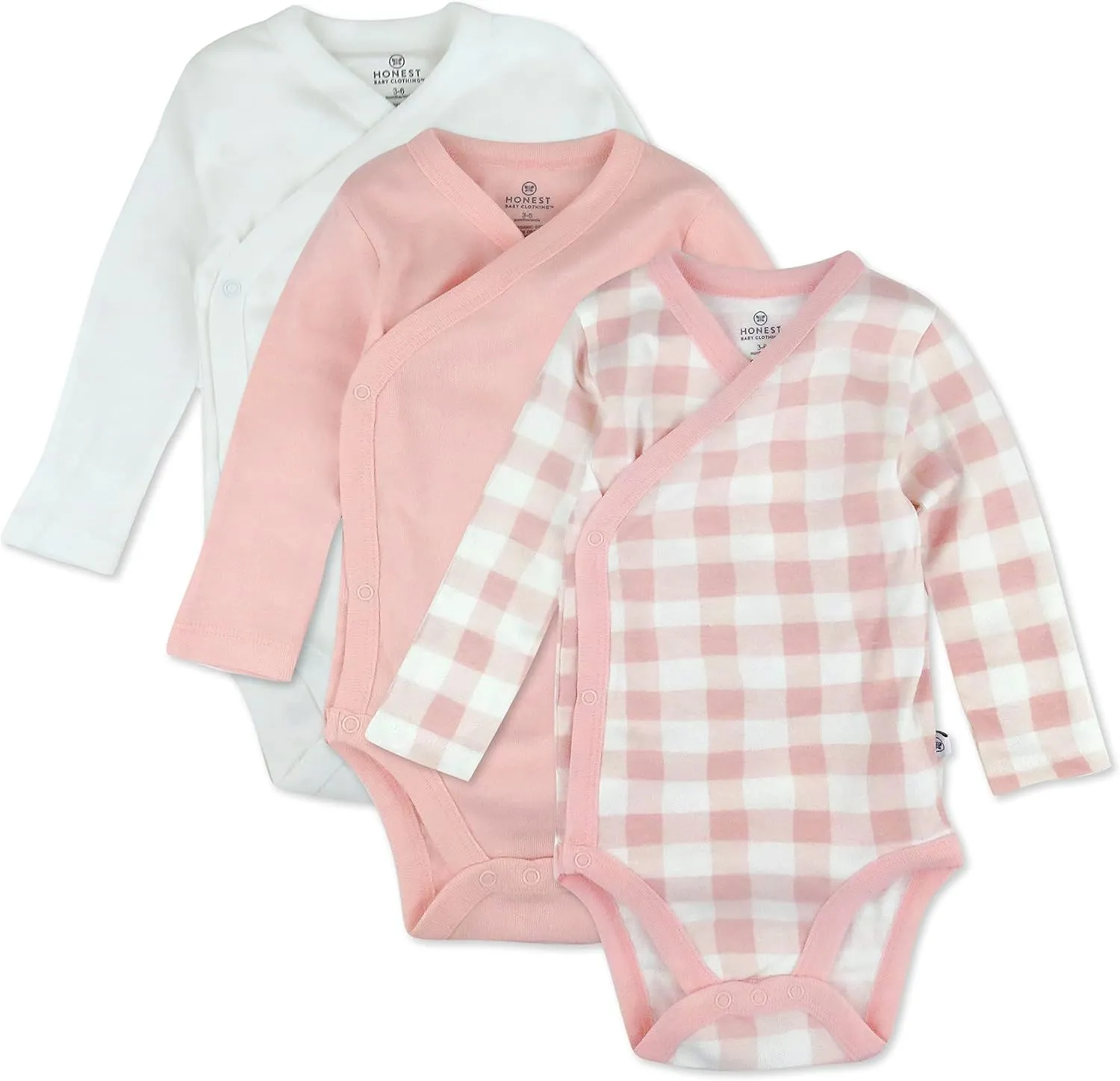 HonestBaby 3-Pack Organic Cotton Long Sleeve Side-Snap Kimono Bodysuits, Peach Skin Painted Buffalo Check, 6-9 Months
