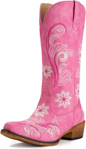 IUV Cowboy Boots For Women Mid Calf Cowgirl Boots Embroidered Pull-On Tabs Snip Toe Boot