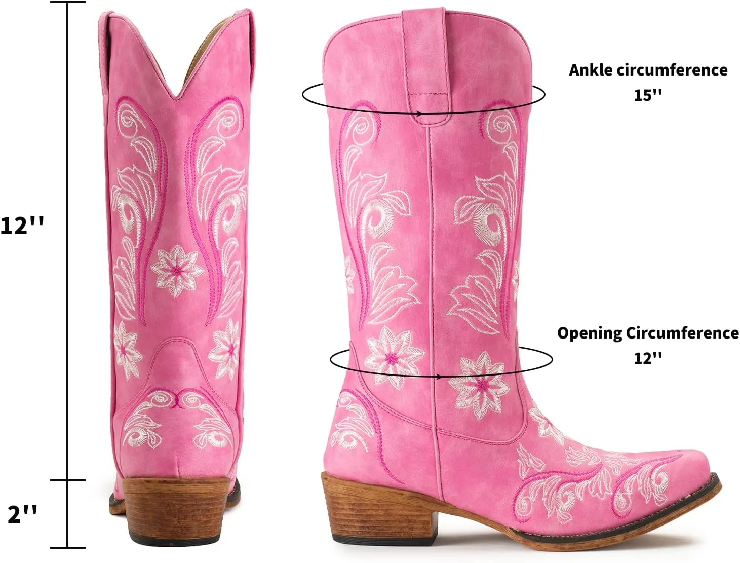 IUV Cowboy Boots For Women Mid Calf Cowgirl Boots Embroidered Pull-On Tabs Snip Toe Boot