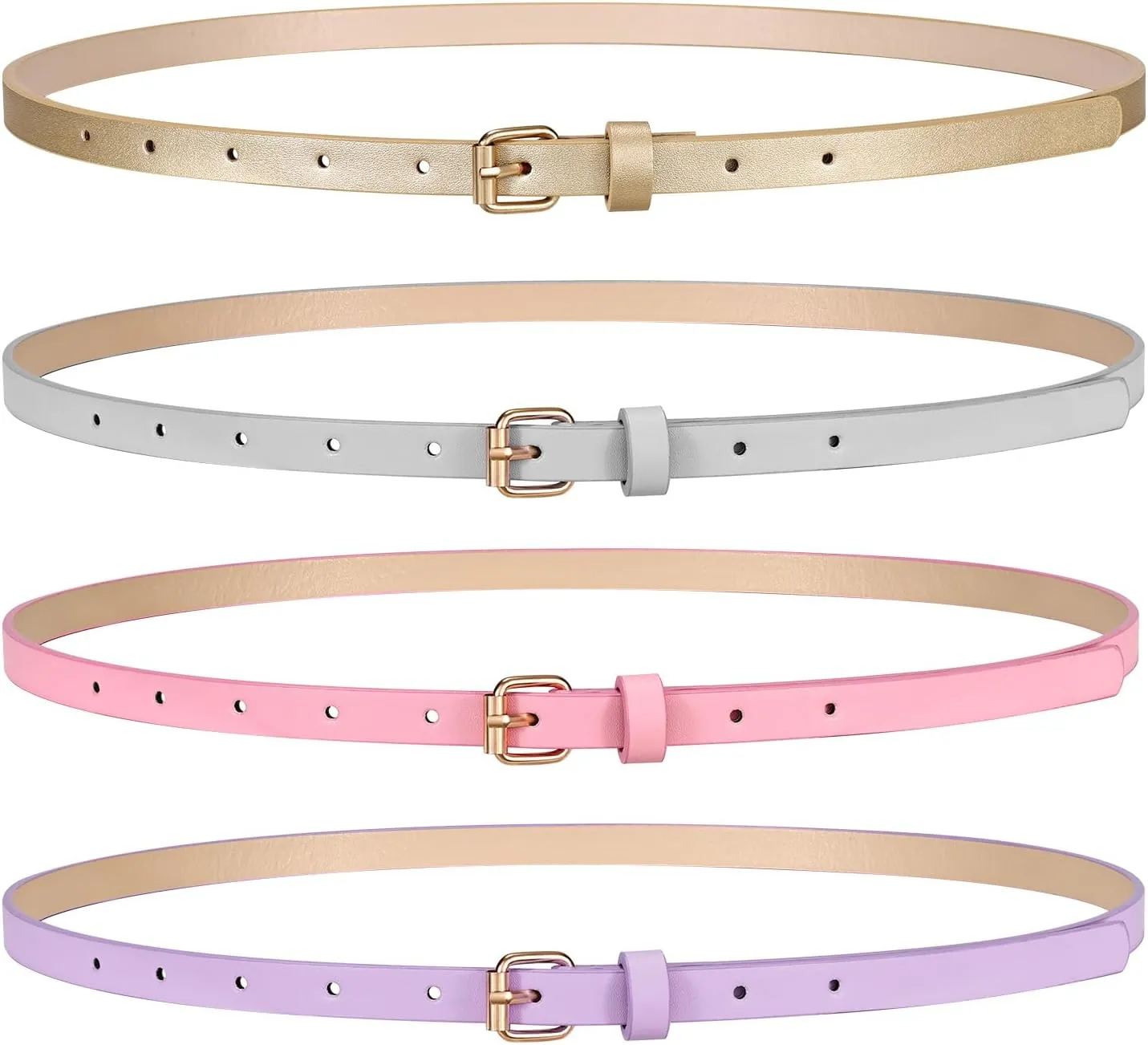 JASGOOD 4 Pack Skinny Women Leather Belt for Dresses Thin Waist Belt for Jeans Pants with Gold Buckle