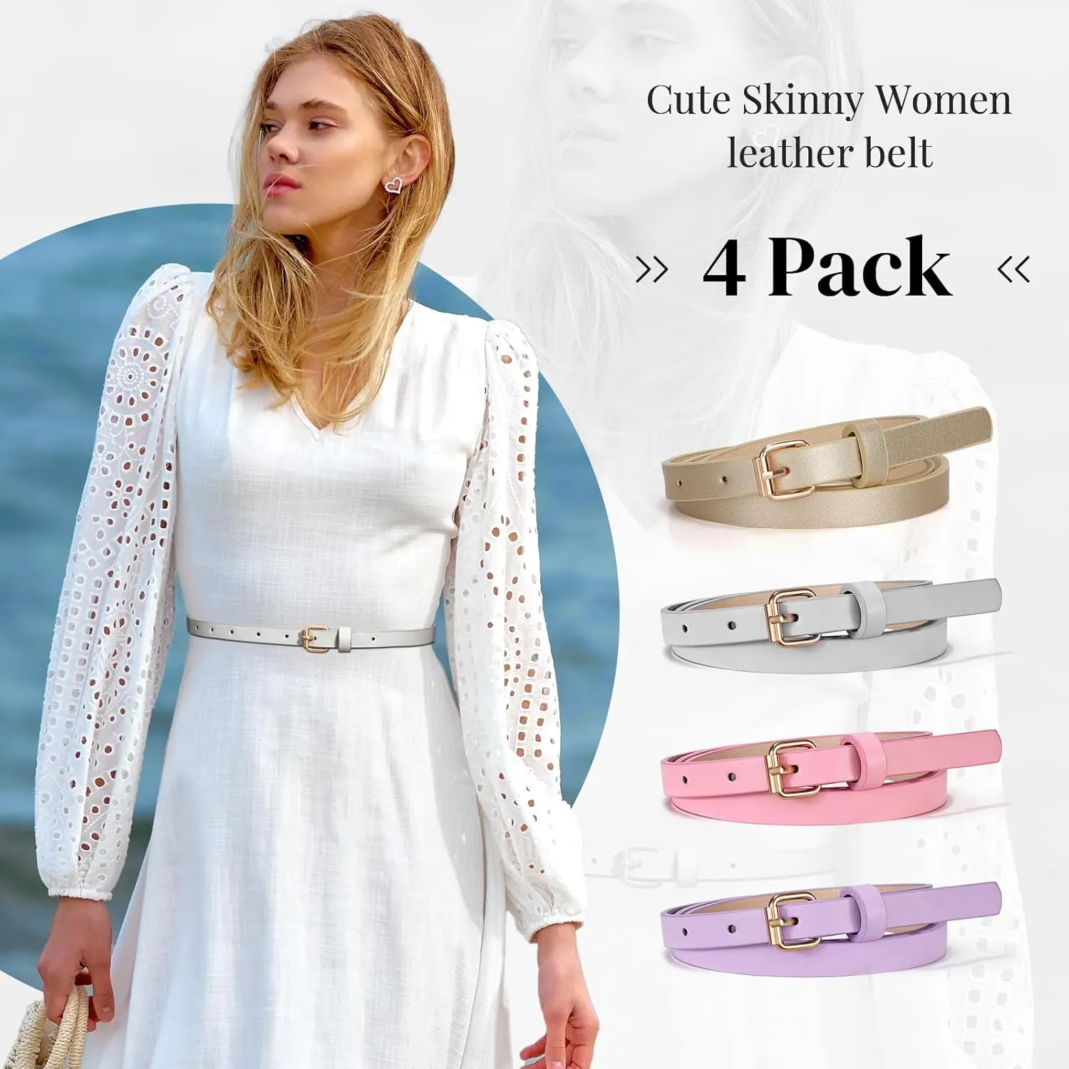 JASGOOD 4 Pack Skinny Women Leather Belt for Dresses Thin Waist Belt for Jeans Pants with Gold Buckle