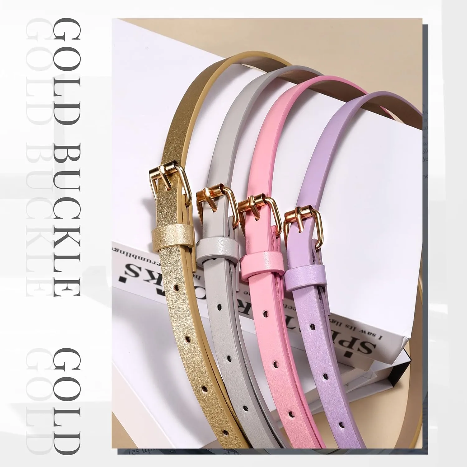 JASGOOD 4 Pack Skinny Women Leather Belt for Dresses Thin Waist Belt for Jeans Pants with Gold Buckle