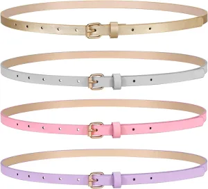 JASGOOD 4 Pack Skinny Women Leather Belt for Dresses Thin Waist Belt for Jeans Pants with Gold Buckle