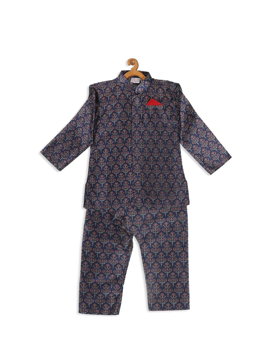 Jashvi Boy's Navy Blue Floral Printed Kurta And Pyjama Set