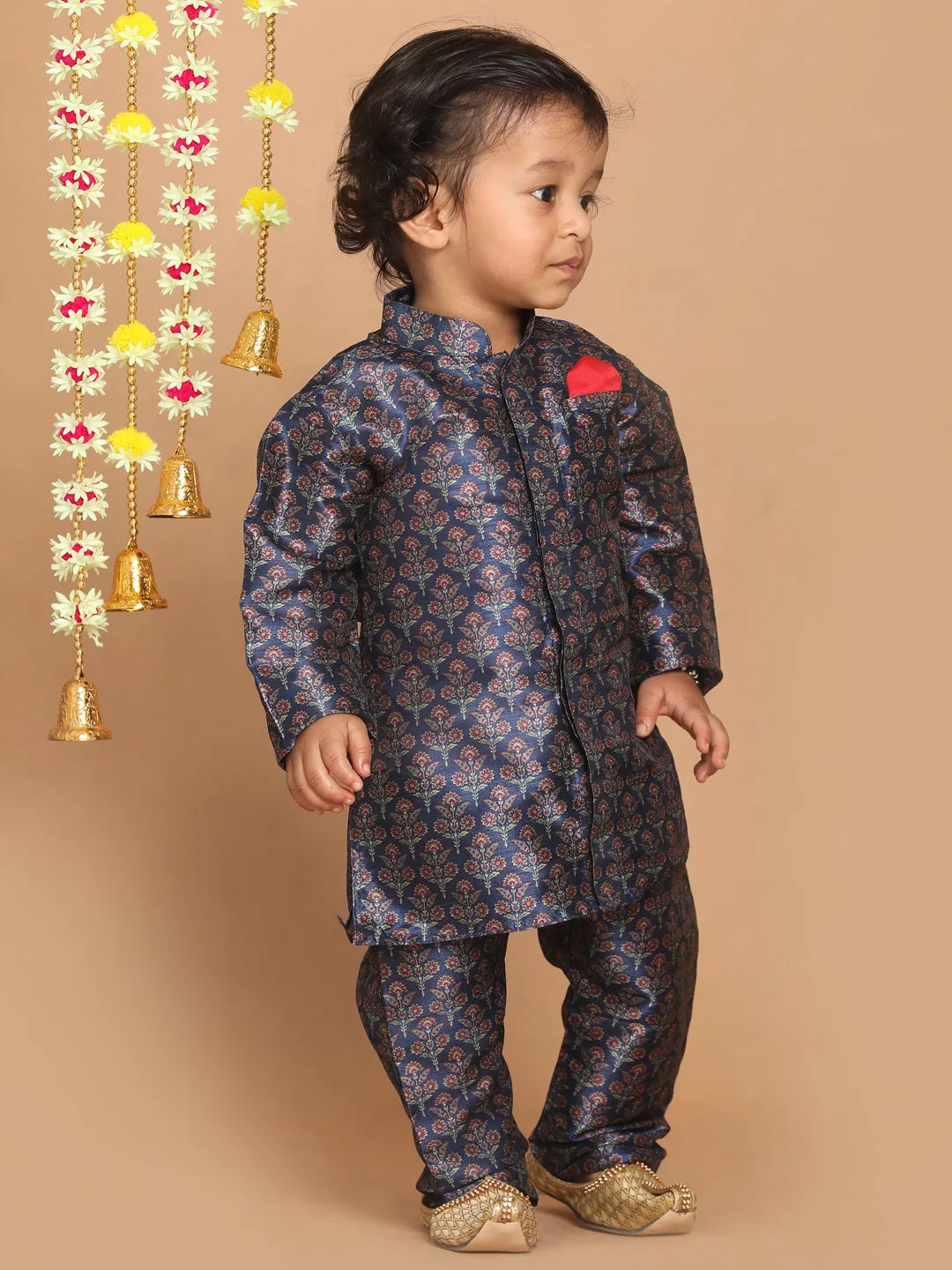 Jashvi Boy's Navy Blue Floral Printed Kurta And Pyjama Set