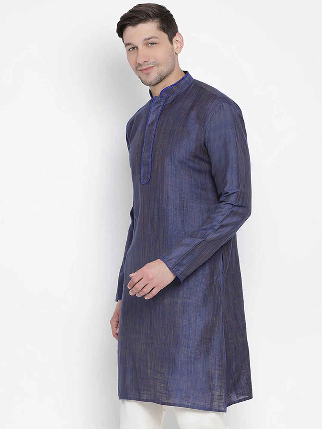 Jashvi Men's Blue Cotton Silk Blend Kurta